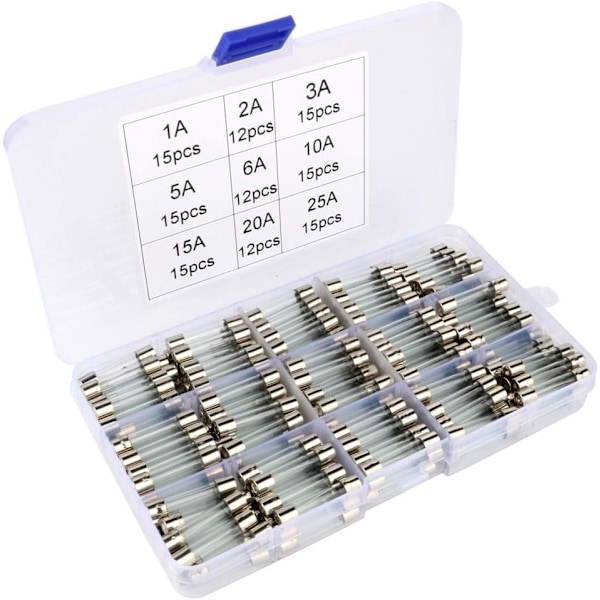 126 st glasrörssäkringar, 6 x 30 mm glaspatronssäkringar, snabba bilsäkringar, snabba glasrörssäkringar (AMP 1A 2A 3A 5A 6A 10A 15A 20A 25A)