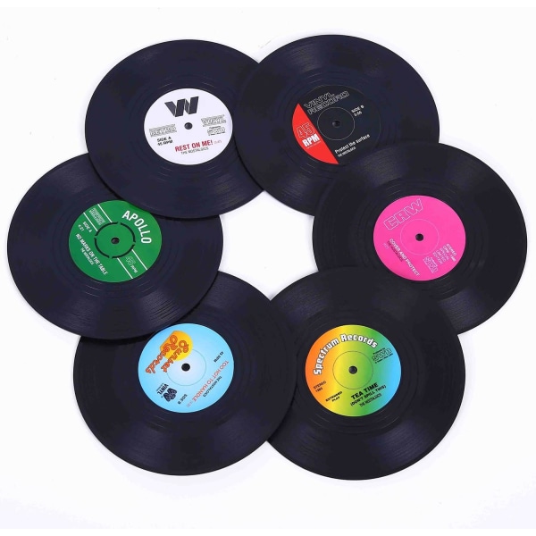 Set med 6 färgglada Retro Vinyl skivunderlägg med roliga etiketter