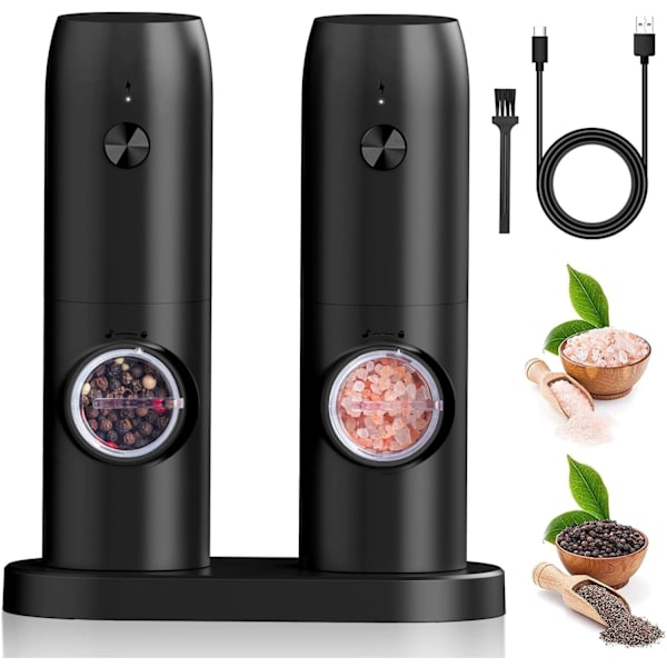 Elektrisk salt- og pepperkvernsett, 2 stk. USB-oppladbart sett justerbar grovhet med base