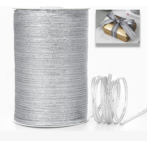 Silver Metallic Organza Tunna Band - 3mm x 975m (875 Yards) - för Presentinslagning, DIY-sömnadsprojekt, Buketter, Tårtdekoration