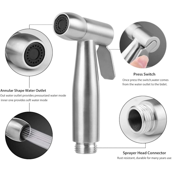 Högkvalitativ toalettbidet-set, med vattentankskrok och 150 cm flexibel teleskopisk duschslang i ABS för daglig personlig hygien (grå)