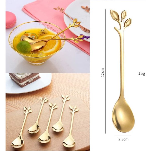 12 st kaffeskedar i rostfritt stål med bladdesign, mini-gren design kaffesked, dessertsked, används för vatten, mjölk, kaffe, dessert, drycker, redskap Gold