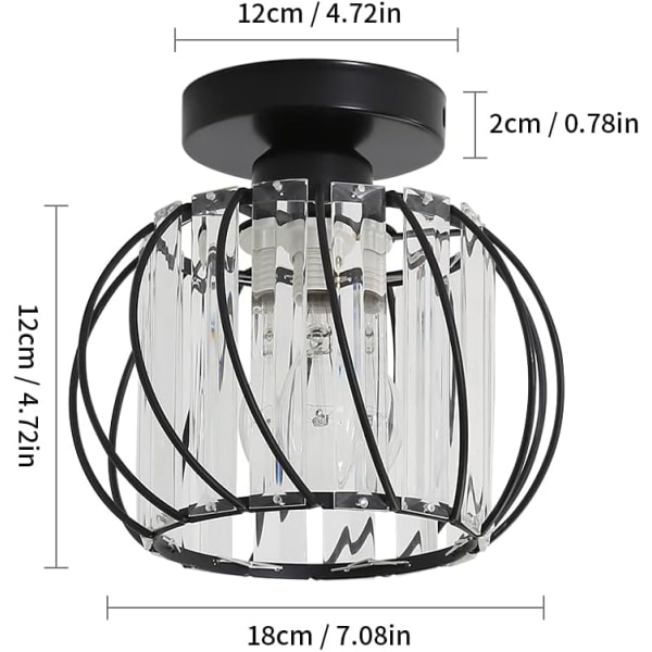 Mini Rund Semi Indbygget E27 Loftslampe, Krystal Loftslampe til Soveværelse Køkken Spisestue Gang Indgang (Sort)