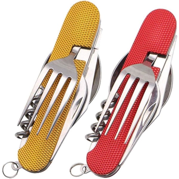 2-pack Vikbart Campingbestick Set Rostfritt Stål Bestick 6 i 1 Multiverktyg Utomhus Överlevnad Resa Vandring Bestick Set Gold and Red