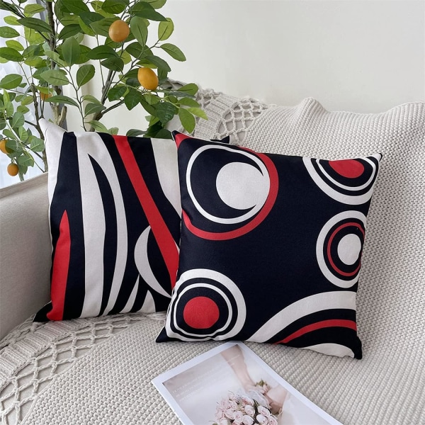 4 kpl tyynynpäälliset 45x45 cm, koristeelliset punamustat raidalliset pellavatyynynpäälliset