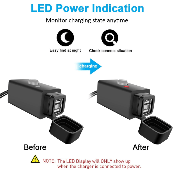 Vanntett motorsykkel USB-lader med bryter 5V Dual Ports