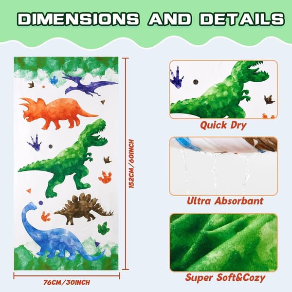 Dinosaur Mikrofiber Badehåndklæde til Børn, 76 x 150 cm Badehåndklæde | Hurtigtørrende Sandfrit Poolhåndklæde til Drenge Super Absorberende Bad Pool Camping Ferie