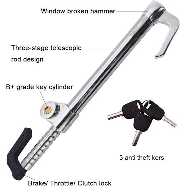 Bilstylås, Retrekkbar krok Universal Anti-tyverilås Rattlås Låseanordning, med 2 nøkler for Auto Truck