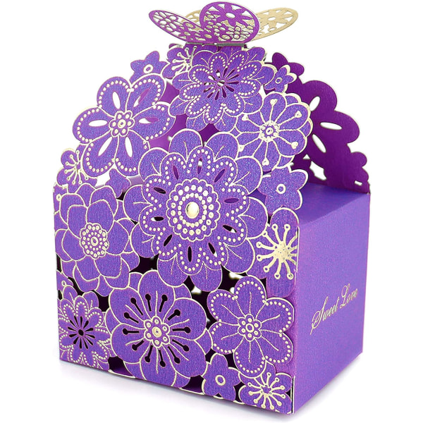 50 st blomfjäril ihålig godisbox kakpresentaskar romantiska presenter söt chokladask för födelsedagsfesttillbehör Purple 9*6*6CM
