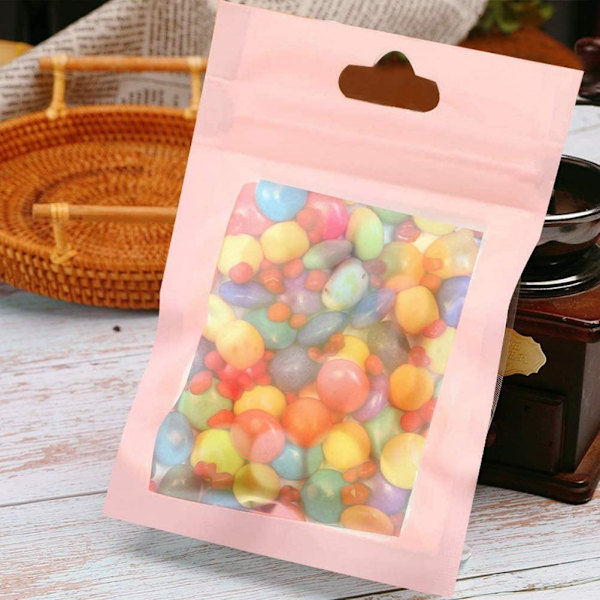 Foliepose Sæt med 100 stk., Pink Genlukkelige Mylar Zip Lock Folieposer med Klart Vindue, 8 x 13cm