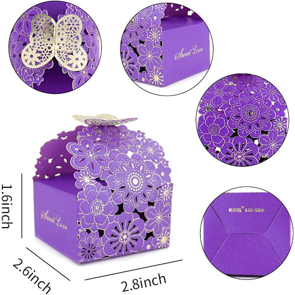 50 stk./sæt Blomster Sommerfugl Hule Slikæske Cookie Gaveæsker Romantiske Bryllupsgaver Søde Chokoladeæske Festartikler Purple 8*7*6.5CM