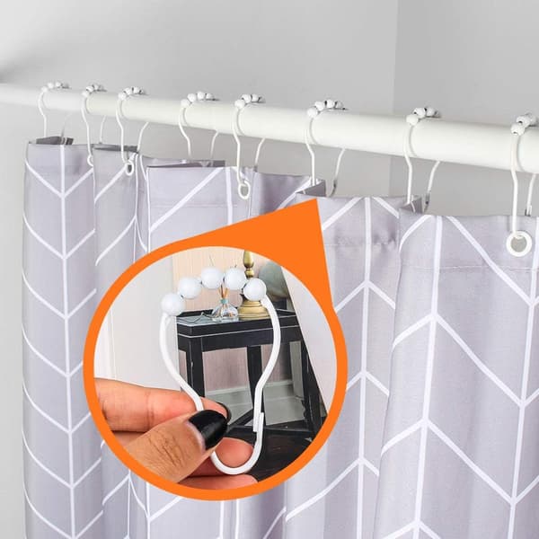 12-pack duschdraperikrokar i rostfritt stål med polerade metallkulor för badrum, vit