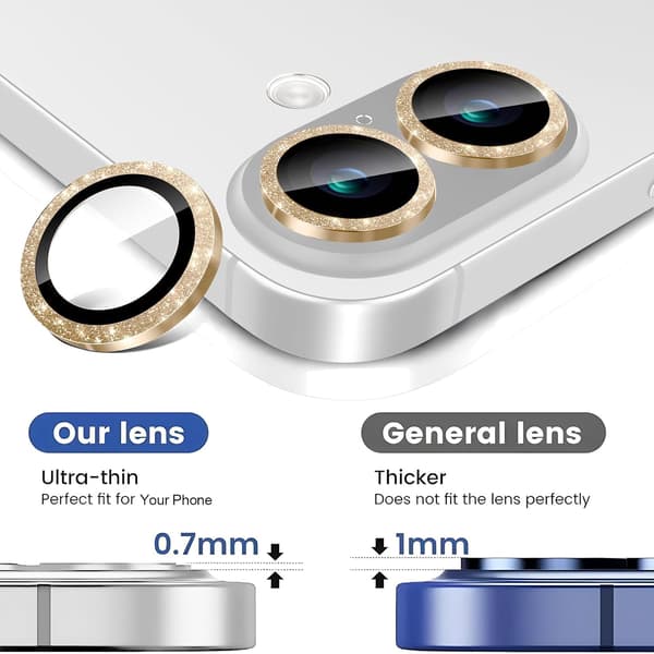 Kamerlinsskydd för iPhone 16 / iPhone 16 Plus, Glitterdekoration Individuella linsskydd, Ultratunn, Guld