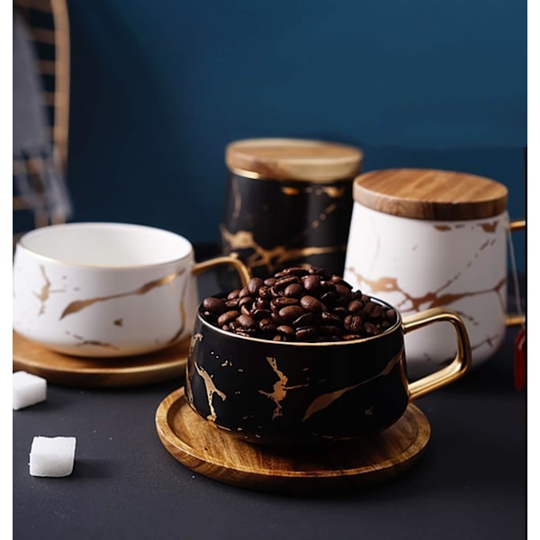 Porcelæn te-kop kaffekop sæt til eftermiddagste - Marmormønster (Sort, Kort 300ml + Træunderkop)