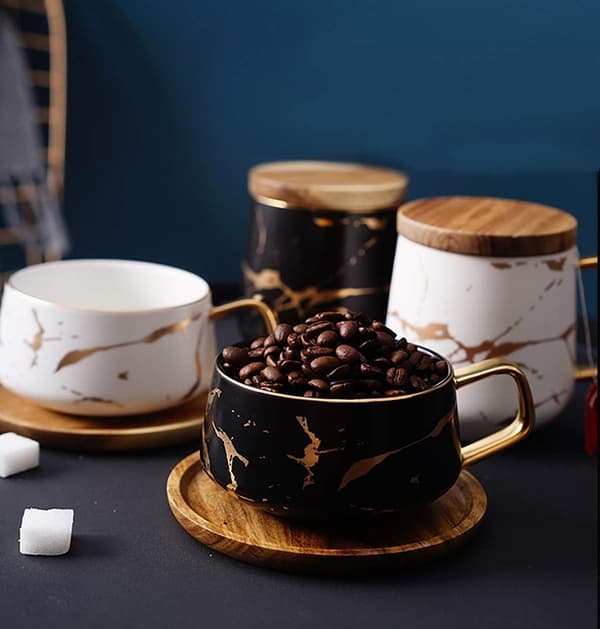 Porslin Te Kopp Kaffe Mugg Set för Eftermiddagste - Marmormönster (Svart, Kort 300ml + Träfat)