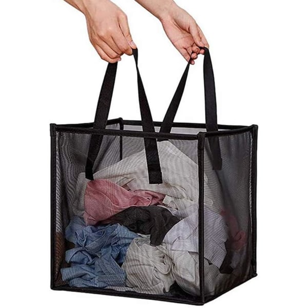 Pop Up tvättkorgar - mesh nättvätt förvaring med handtag - Vikbar för tvättförvaring (svart)