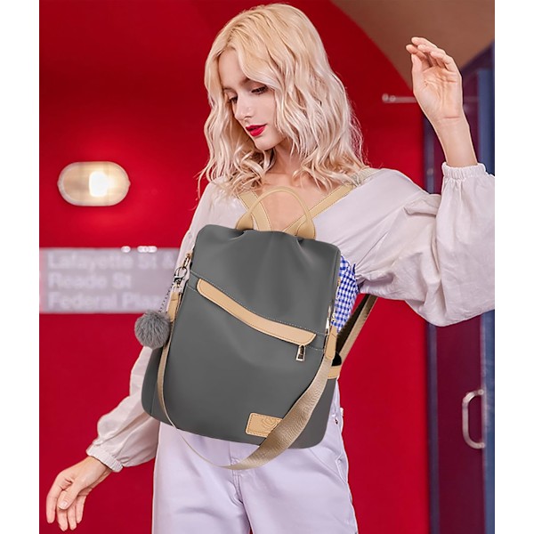 Ryggsäck för kvinnor, Casual Handväska, Axelväska, Stöldskyddande Reseväska, Skolväska, PU-Läder + Nylon Ryggsäck, Pompom Dekoration, Damväska, Ryggsäckar