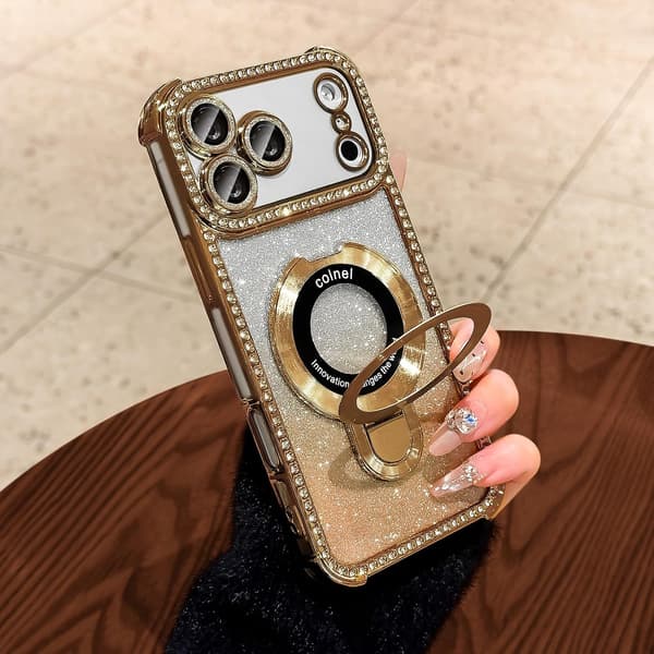 Magnetisk stativ for iPhone 18 Pro-deksel med glitter-kort, myk TPU-støtfanger med diamanter, gull Gold iPhone18PRO