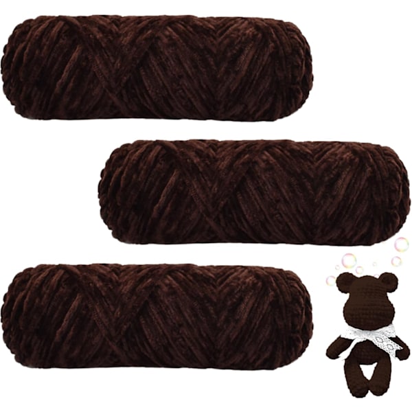 Chenillegarn, Chenillegarn för Virkning, 3 Rullar Garnbollar för DIY Stickning och Virkning, Hantverk Dark caramel