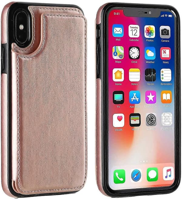 Iphone Xs Iphone X Wallet Case Med Kortholder, Dobbelt Magnetisk Lås - Rosaguld