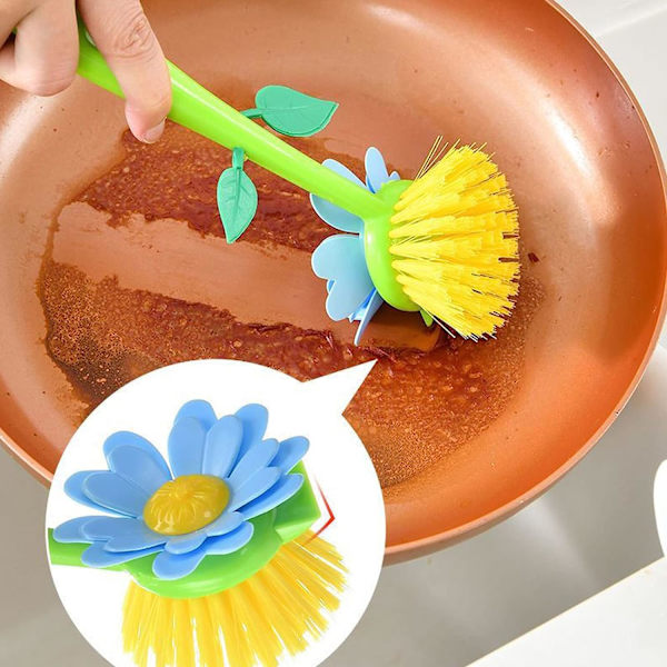 Långskaftad diskborste, blomformad diskborste i nylon med ställ, köksdiskborste