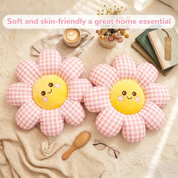 Smile Face Daisy Prydnadskudde, 2-pack, Rosa Rutig Dekorativ Kudde Pink