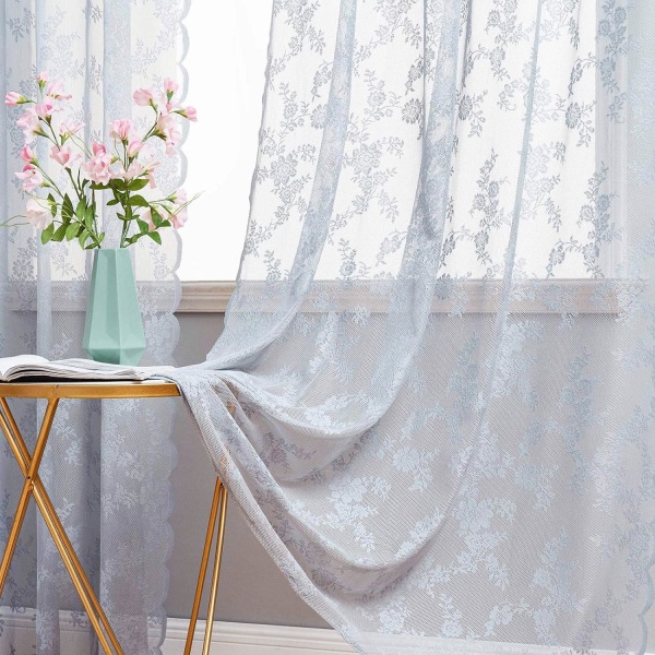 Lace Curtain-Floral Embroidered Sheer Lace Curtains with Scalloped Edges,2X145x245CM