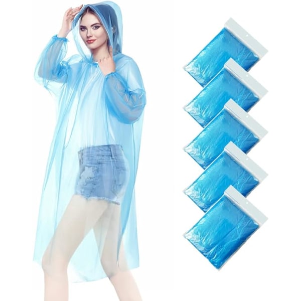 5 Pack Disposable Rain Ponchos - One Size Rain  With Hood and Sleeves Ideal for Festivals, Camping, Fishing, Theme Parks etc