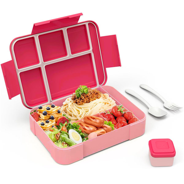 Lunchlåda för vuxna 1330 ml Bentolåda med 6 fack, med bestickset, läcksäker lunchlåda, rosa