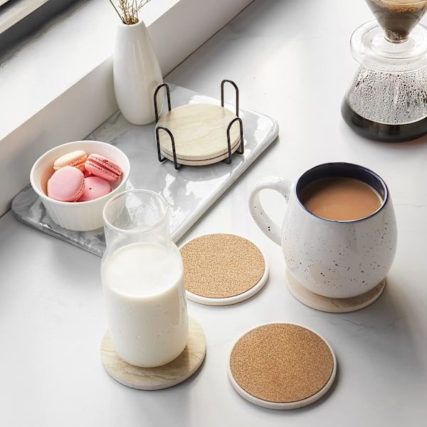 Krus til kaffebord, drikkebrikker, drikkebrikker, indflytningsgave, boligindretning, sæt med 6, med holder, 4 tommer, sandstensstil