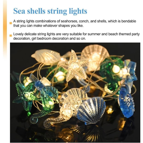 Merenalainen valosarja, simpukat, merihevonen, simpukankuori, valosarja, rantavalosarja, LED-valosarja, koristeellinen joulukoriste
