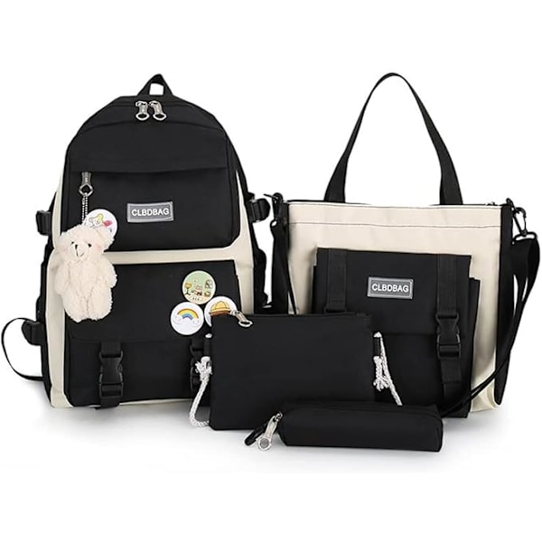 Set med 4 Kawaii Skolväskor, Ryggsäckar för Tonårstjejer, Estetisk Ryggsäck med Tillbehör, Svart
