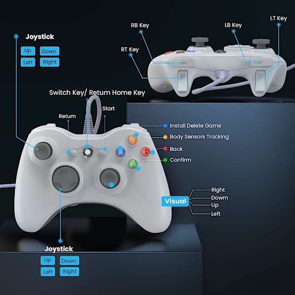 Trådbunden handkontroll för Xbox 360, YAEYE spelkontroll för 360 med Dual-Vibration Turbo kompatibel