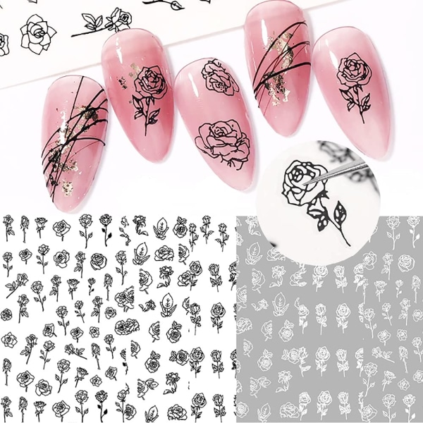 3D självhäftande svartvita rosnagelstickers fransk ihålig blomma nagelkonstdesign manikyr DIY nageldekoration (6 ark)