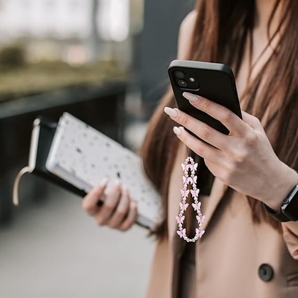 2 stk. Telefonpynt Mobiltelefon Perlesnor Håndleddsstropper Bling Krystall Sommerfugl Anheng Anti-tapt Mobiltelefonkjede - Rosa, Lilla
