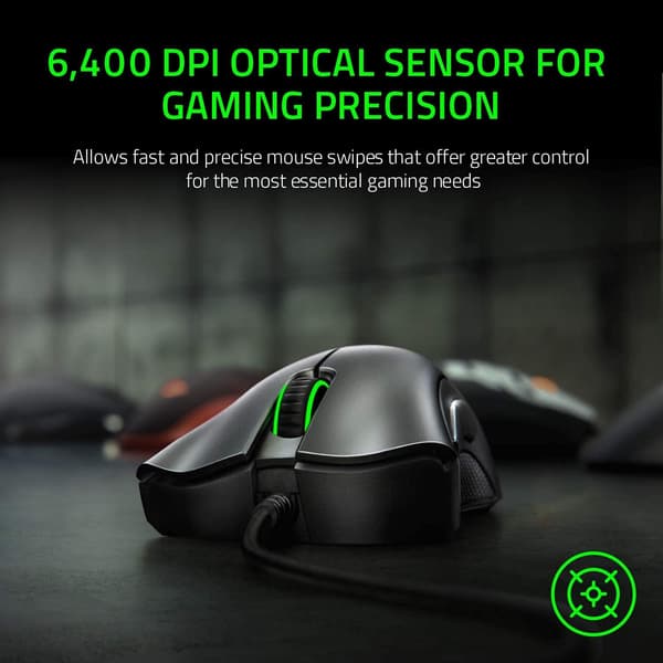 Gaming-mus: 6400 DPI optisk sensor - 5 programmerbare knapper - Mekaniske kontakter - Gummigreb på siderne - Sort