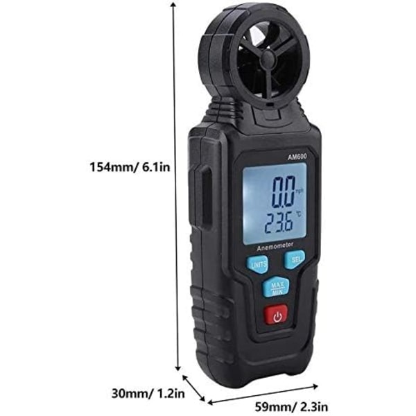 Anemometerverktyg, AM600 Känslig digital anemometer Vindhastighetsmätare Termometer med bakgrundsbelyst LCD-mätare