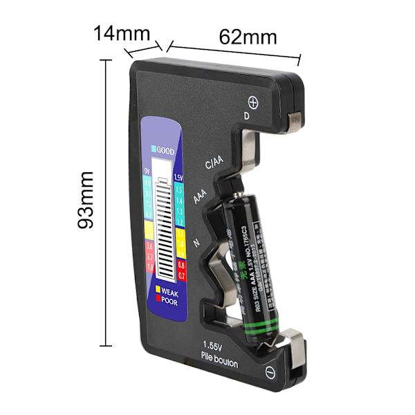 Universal Lithium Batterikapacitetstester 1.5V 9V AA AAA LR44 - Sort