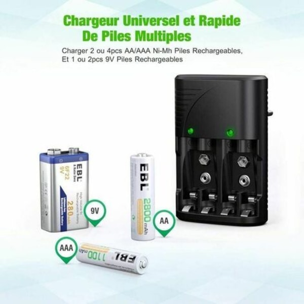 Universal AA/AAA/9V batteriladdare, snabbladdare för AA/AAA NI-MH eller 9V uppladdningsbara batterier med LED-indikator, 100-240V världsomspännande spänning