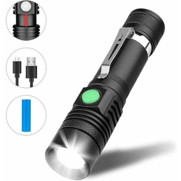 Genopladelig USB LED-lommelygte, lommelygte 350 lumen, IP65 vandtæt, 3 lystilstande, zoombar lommelygte (batteri inkluderet)