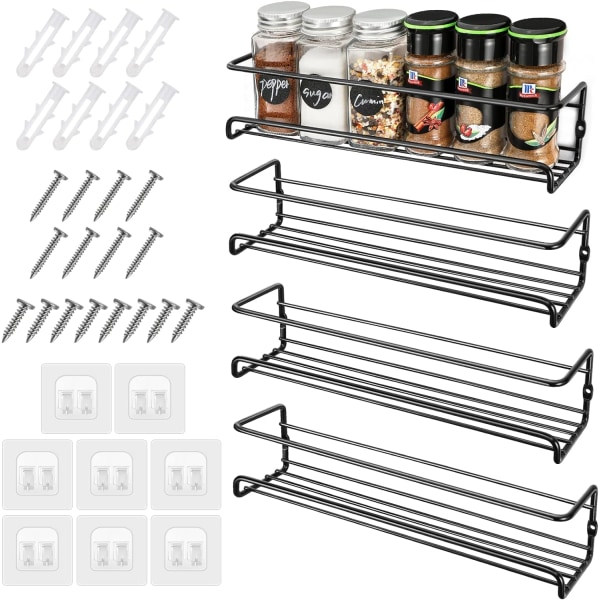 4Pcs Wall Spice Rack, with Self-Adhesive Hooks and Screws, Spice Rack for Kitchen Bathroom Balcony, Kitchen Storage - 29×6.8×6.5CM