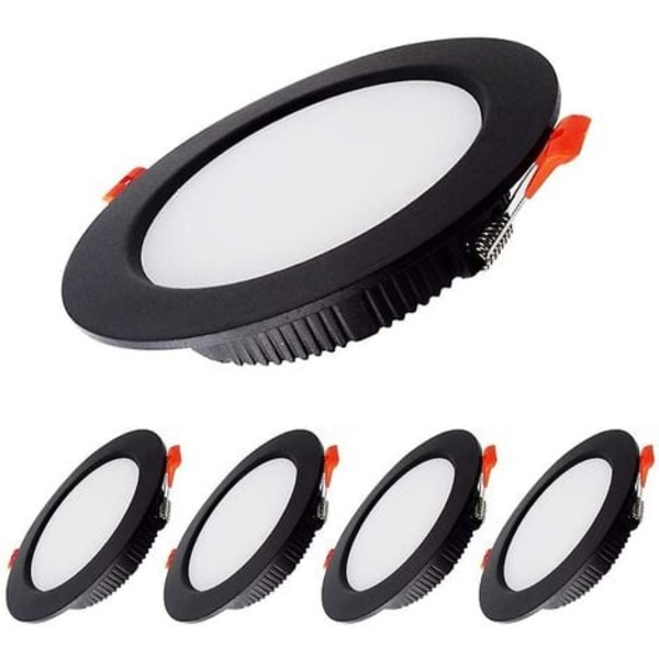 7W LED Downlight, dæmpbar, sort, ekstra flad, 5-pak, hvidt lys 6000K, udskæring 80-90mm, til badeværelse, køkken, stue, gang