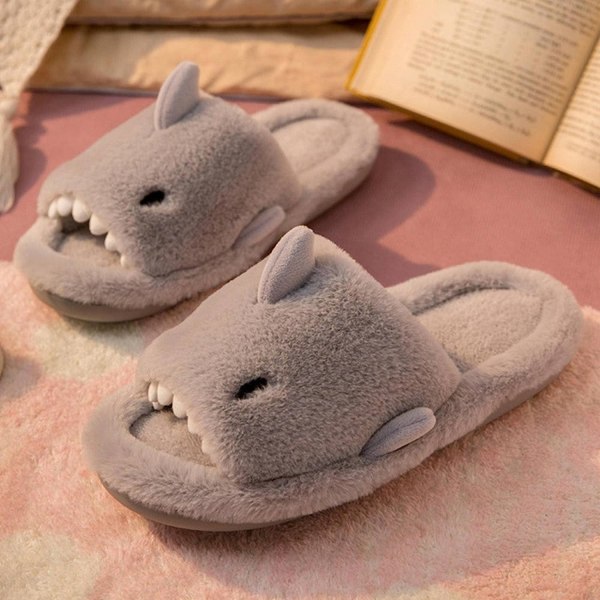 Winter Cute Shark Open-Toe Home Cotton Slippers Women Soft Plush Floor Indoor Couple Unisex，40-41