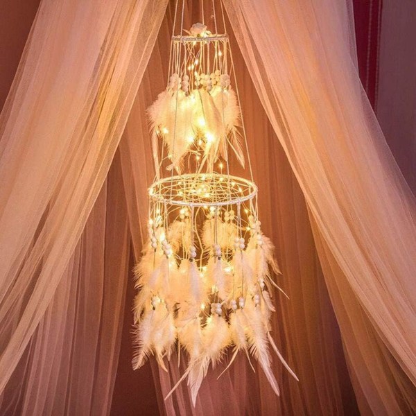 LED lyser upp Drömfångare med lampor Vita fjädertaklampor för flicka Bröllop Julfest (varmt ljus)