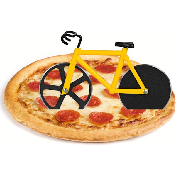Icke-klibbig pizzakutter, cykelpizzakutter, pizzakutter med stativ, dubbel rostfritt stål, gul
