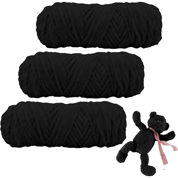 Chenillegarn, Chenillegarn för Virkning, 3 Rullar Garnbollar för DIY Stickning och Virkning, Hantverk Black