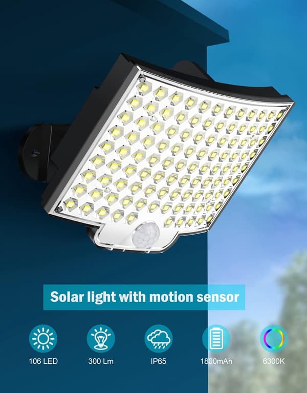 Solcellsdrivna Utomhuslampor 106 LED med Rörelsesensor, för Trädgård med 5m Kabel