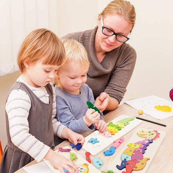 Træpuslespil til småbørn 1-3 år, dyr dinosaur krokodille abe, farverige træ nummererede puslespil læring pædagogiske legetøj.