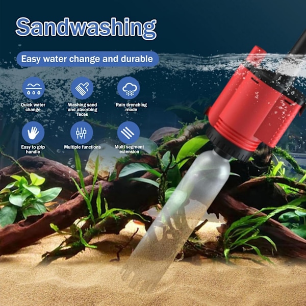 Elektrisk Akvariumstøvsuger - Sand og Grus - 6 i 1 - Vandskift Siphon - Snavs Rengøring + Sandrenser + Fiskeaffaldrenser (Rød)