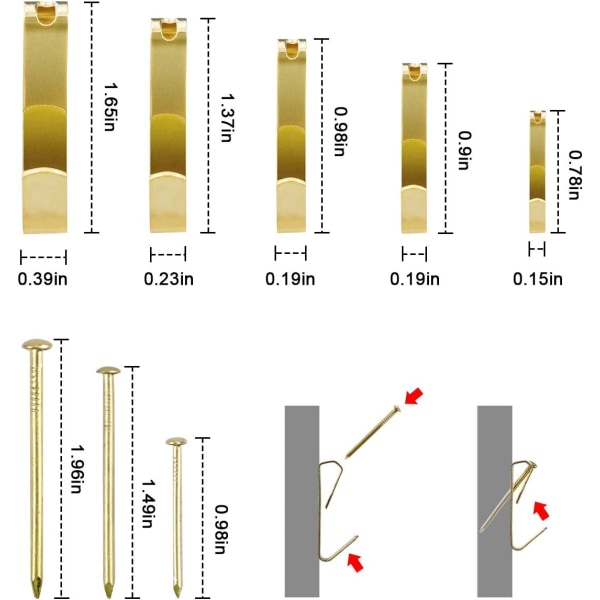 Bildekroke 130 stk Hengesett for Maleri Speil Veske Lerret, Vegg og Tre med Spiker 10-100 Pund Gull